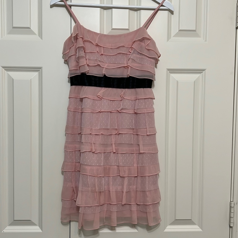 BCBG Maxazria Dress Blush Black Satin Sash Tiered Ruffle Party Prom Homecoming